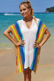 Double Take Openwork Striped Slit Knit Cover Up
