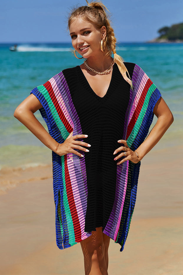Double Take Openwork Striped Slit Knit Cover Up