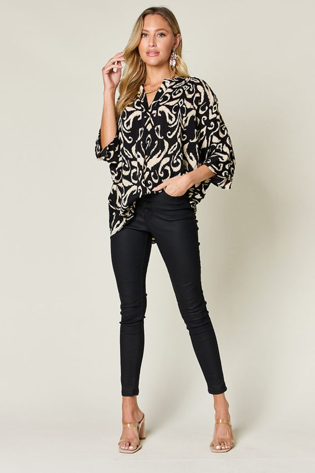 Double Take Full Size Printed Notched Half Sleeve Blouse