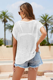 Double Take Openwork Round Neck Short Sleeve Knit Cover Up
