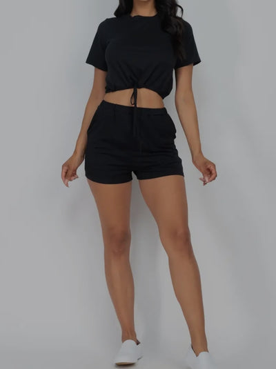 The Solid Front Tied Crop Top T shirt & Active Mini Shorts Sets